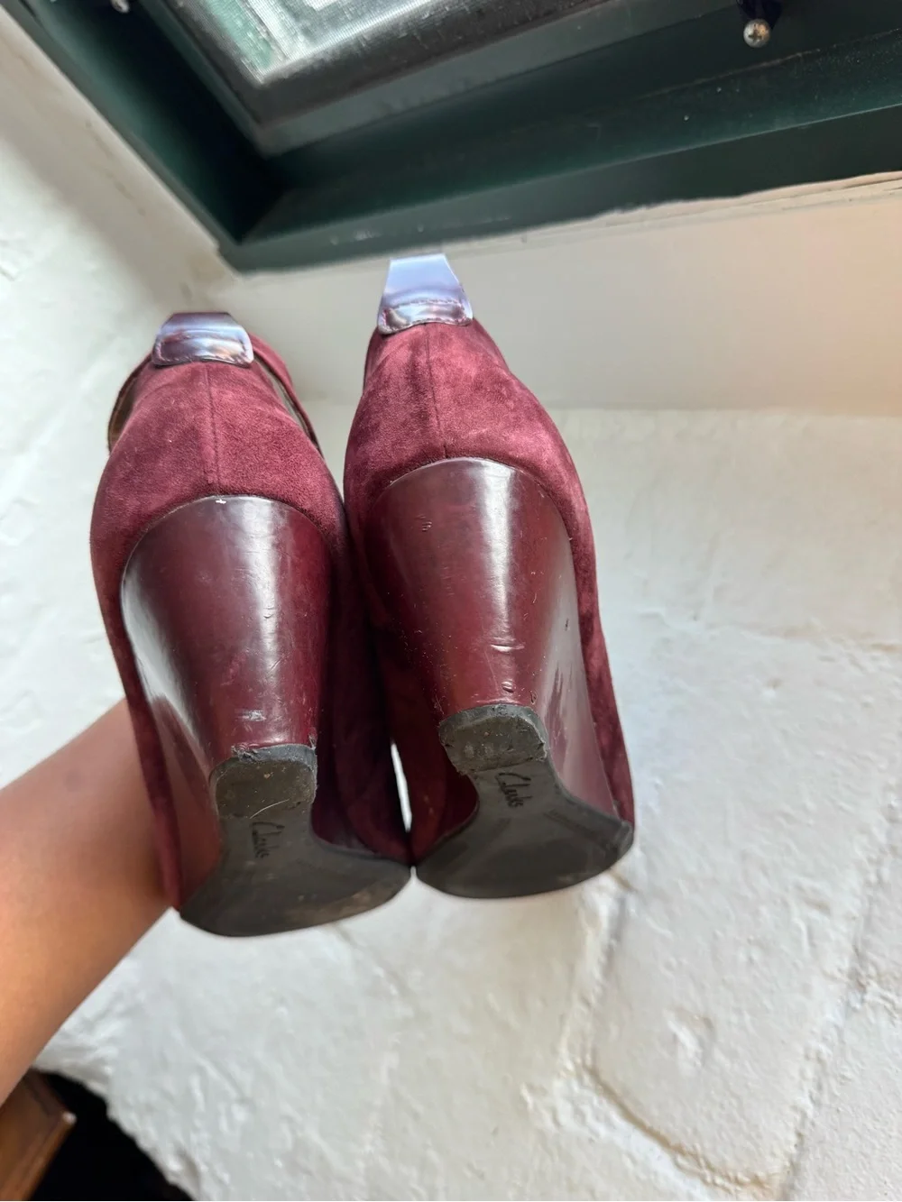 Clarks Burgundy Suede Ankle-Strap Wedges